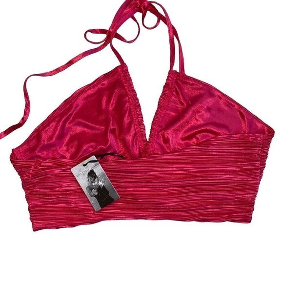 Sincerely Jules NWT Barbiecore Hot Pink Crop Top Baddie Y2K Sexy Crepe Halter L - Picture 2 of 4